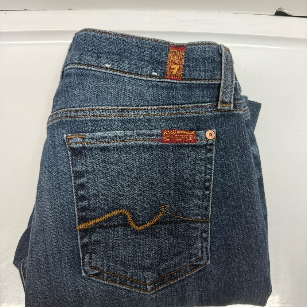 7 For All Mankind Women's Medium Blue Straight Leg Jeans with Contrast Stitch